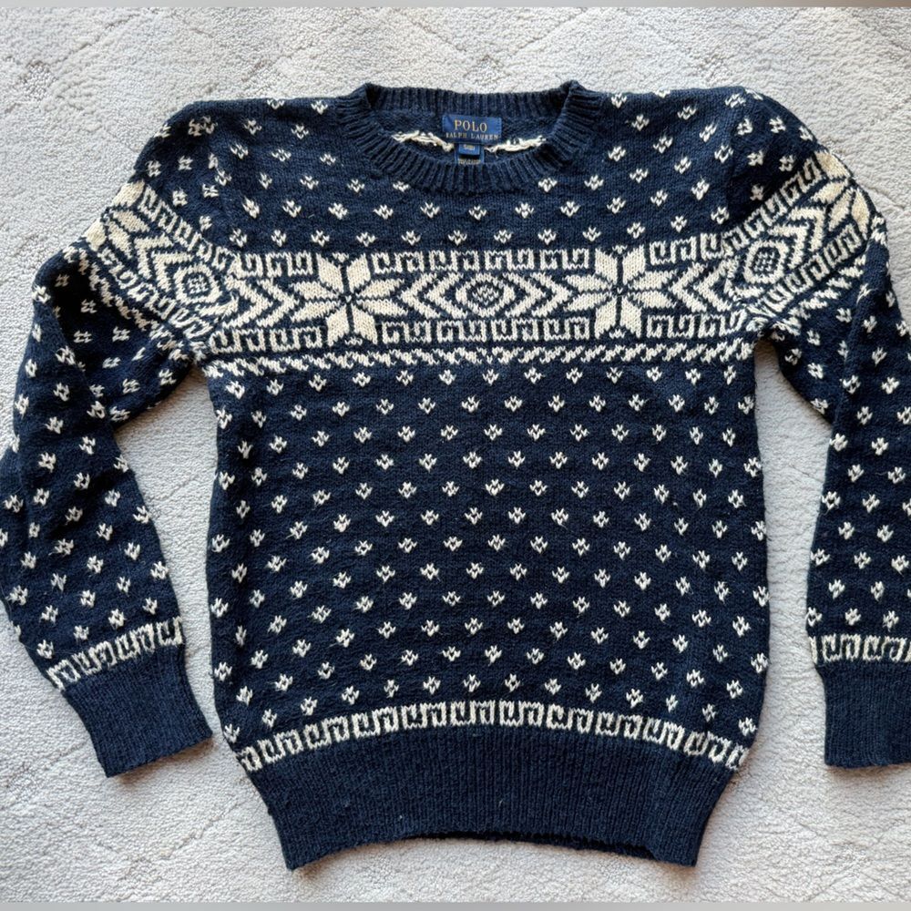 Boys POLO Ralph Lauren fair isle knitted sweater in navy and ivory sz 8